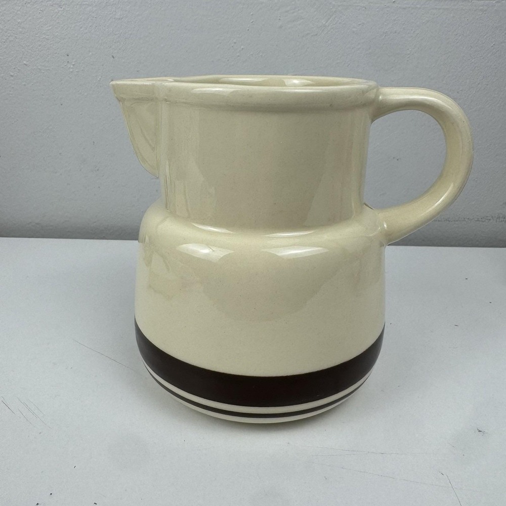 VTG McCoy MCM Pottery/Stoneware Pitcher - Cream W Brown Stripes - Sm 6" Tall